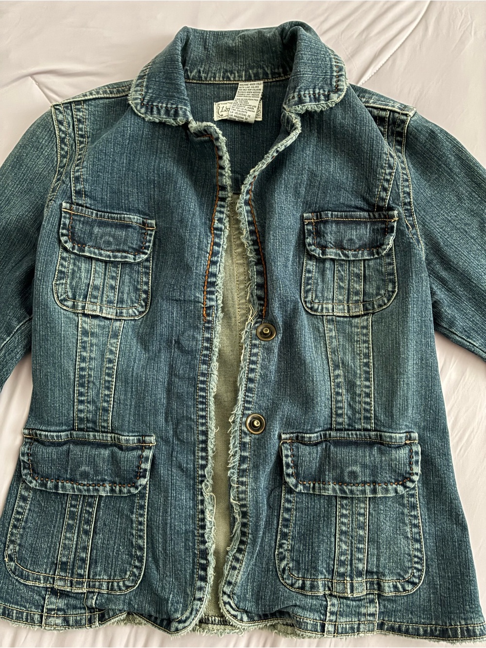 Live a Little Distressed Blue Denim Jacket with Patch Pockets